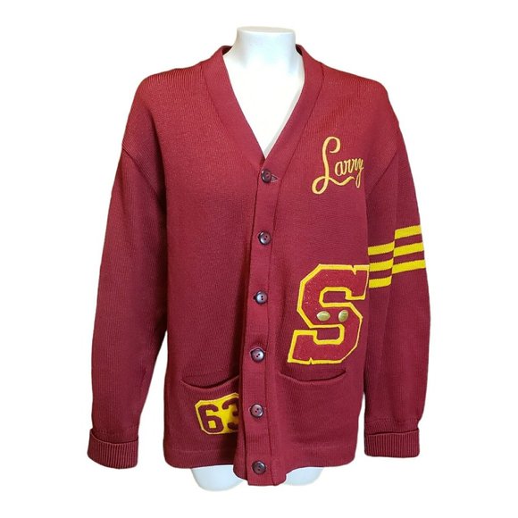50's Cardigan Letterman Football/Basketball Sweater Wool vintage Crimson & Gold - Picture 9 of 11